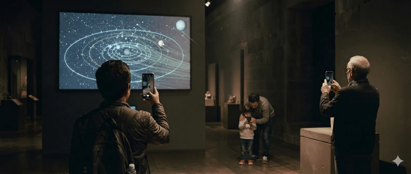 Three visitors in an astronomy gallery, each looking through their own phone